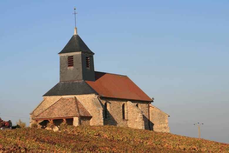 Igreja de Mutigny rodeada de vinhedos