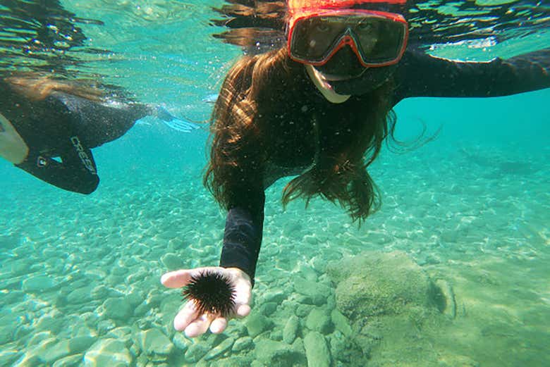 Una chica haciendo snorkel en Agia Pelagia
