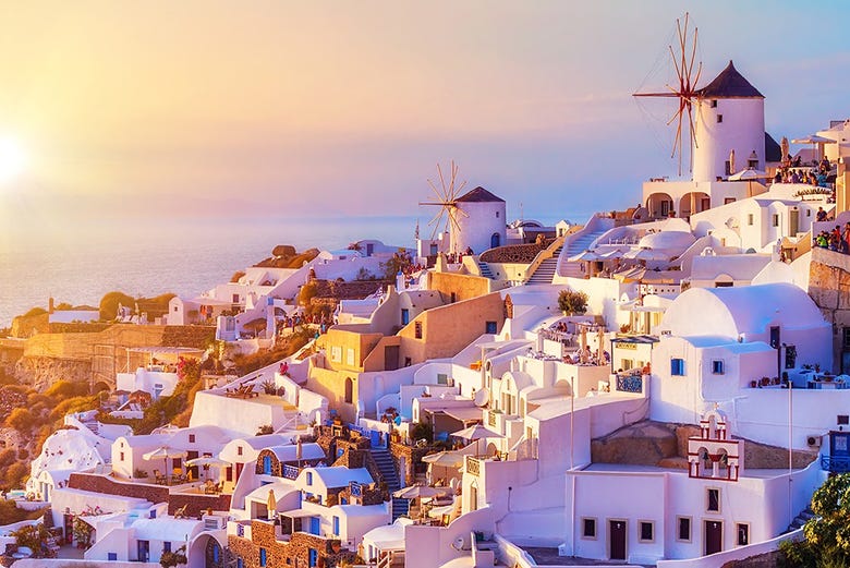 Fira, the Santorini town known for its traditional windmills