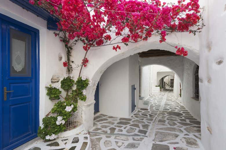 Callejón pintoresco con casas blancas