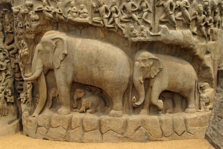Detalle de los bajorrelieves de Mahabalipuram