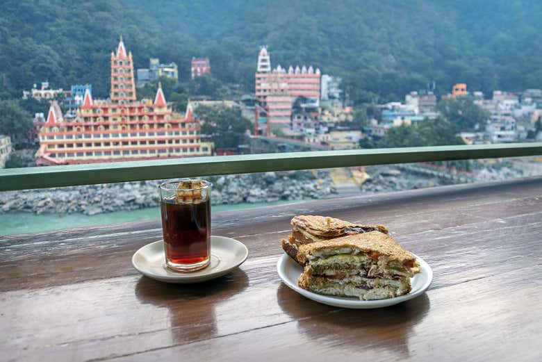 Enjoying tea with views of Shri Trayambakeshwar