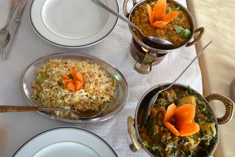 Tasting different Indian dishes in Varanasi