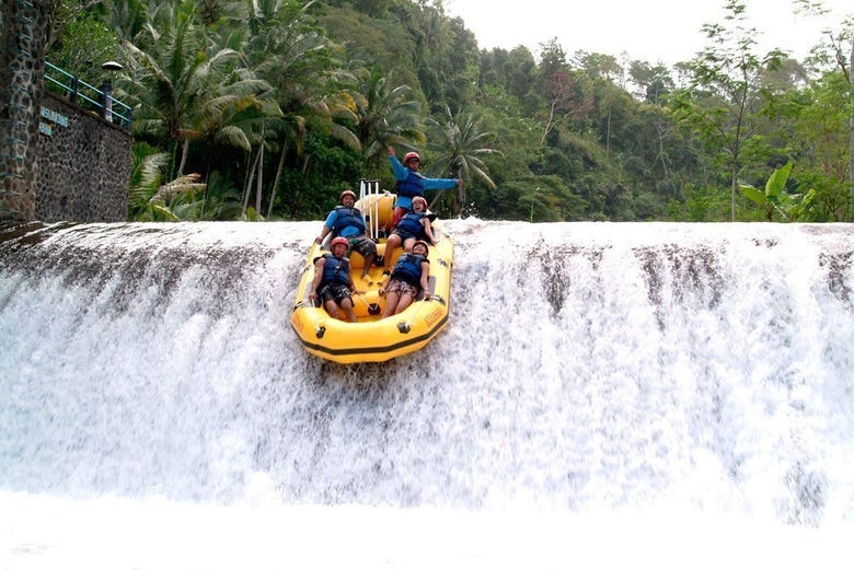 Rafting down a waterfall