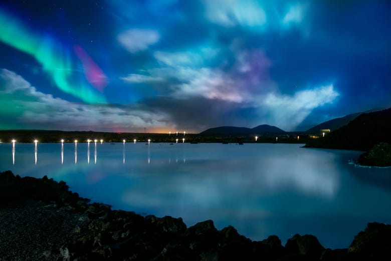 Aurora borealis over the waters of Iceland