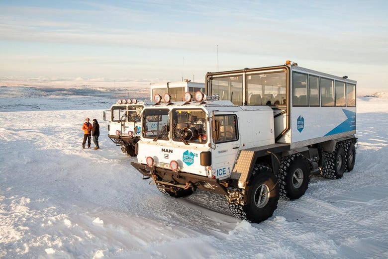 Ice trucks crossing the glacier