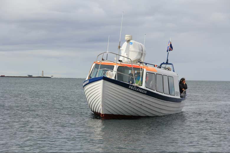 Navegando en un barco de madera por la bahía de Falaflói