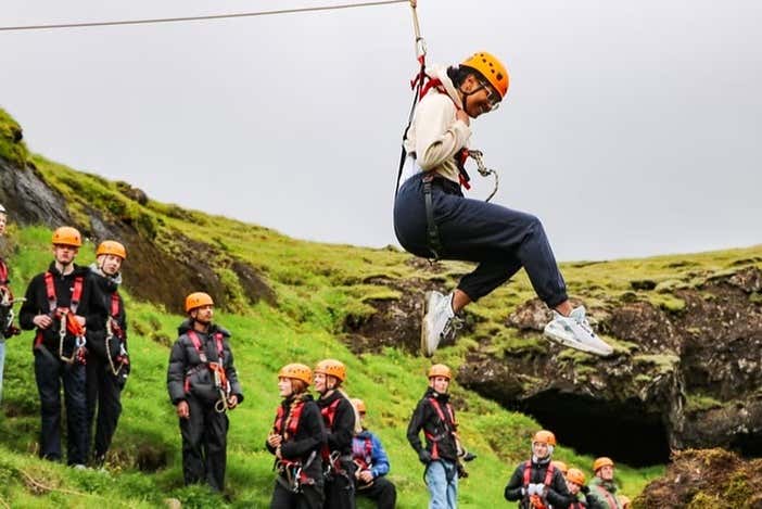 Enjoying a zipline in Vik