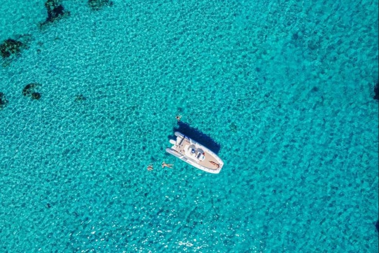 Aerial view over a boat in the Gulf of Cagliari 
