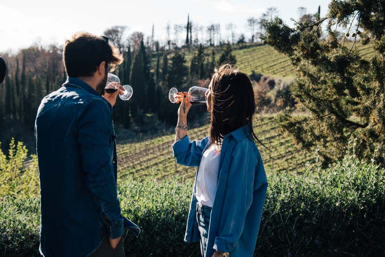 Tomando um vinho nos vinhedos do Chianti
