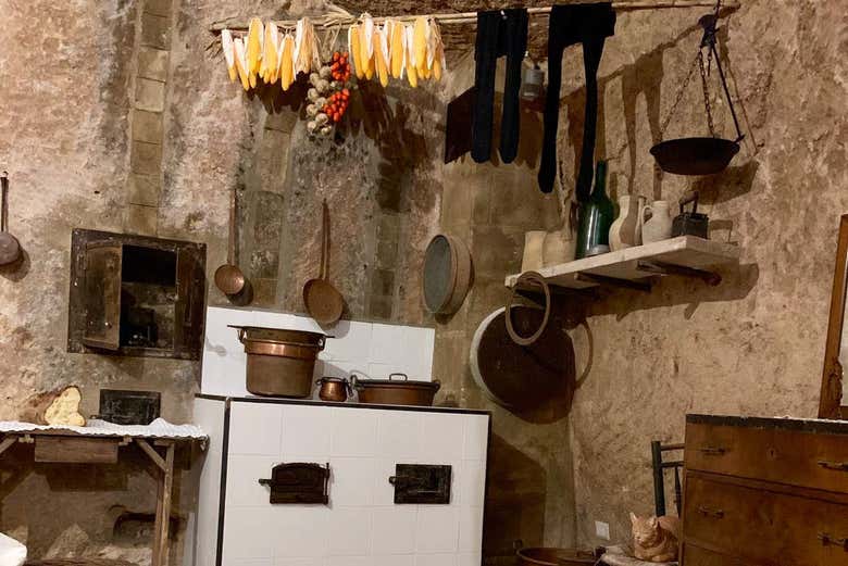 Kitchen inside a cave dwelling in Matera