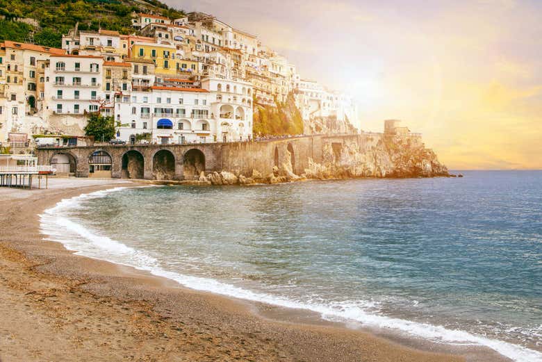 Amalfi beach at sunset