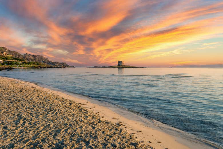 Plage de La Pelosa au coucher du soleil