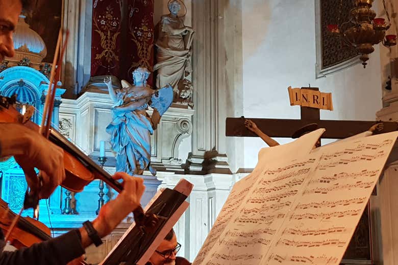 Classical music surrounded by angel altars