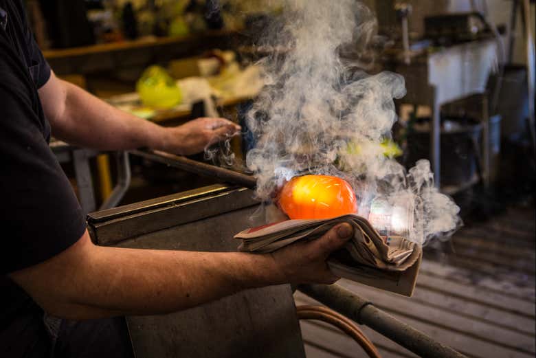 During the glass blowing process