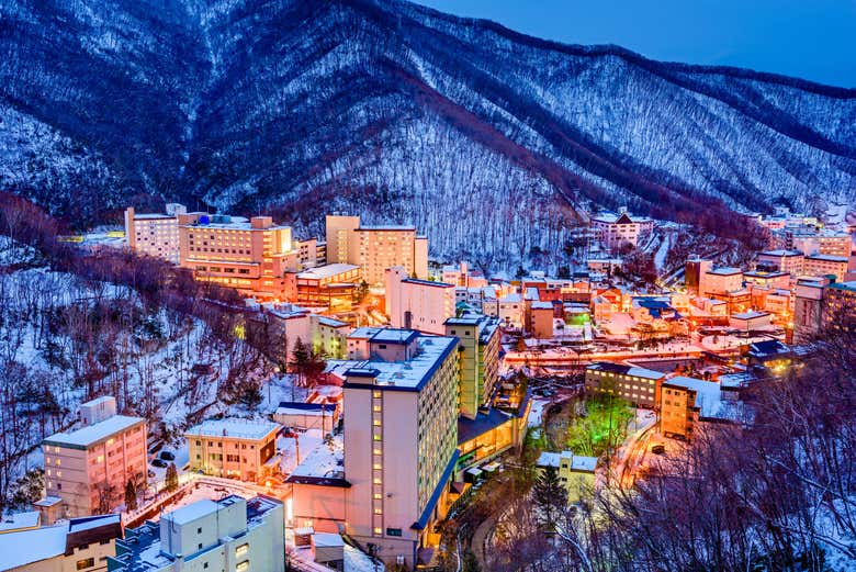 Snow-covered Noboribetsu village