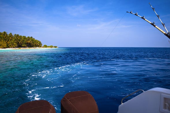 Cañas De Pescar En Un Barco Sobre El Mar Azul, Cielo Y La Isla