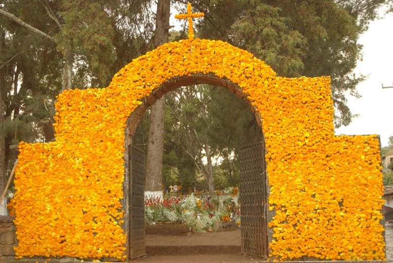 Arco cubierto de flores de cempasúchil 