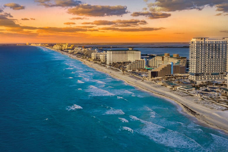 Vista de Cancún ao entardecer