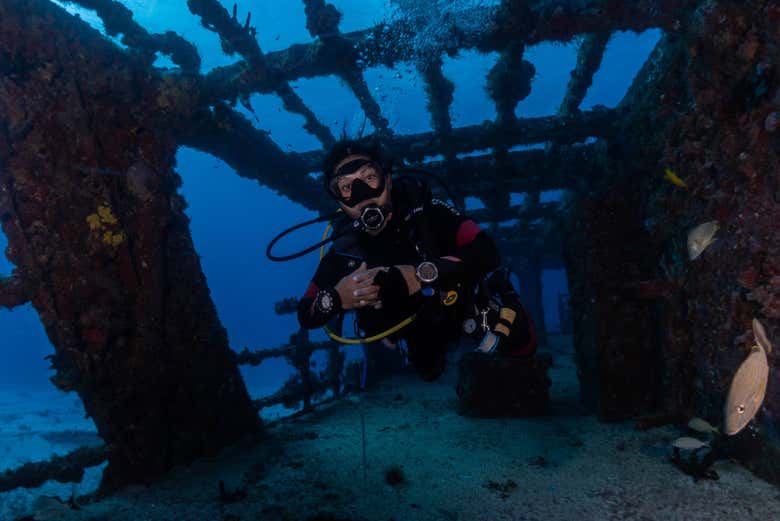 Explorando el barco hundido en Puerto Morelos