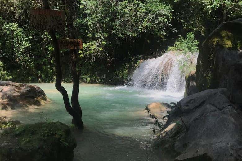 Aguas transparentes en las Pozas Azules de Atzala