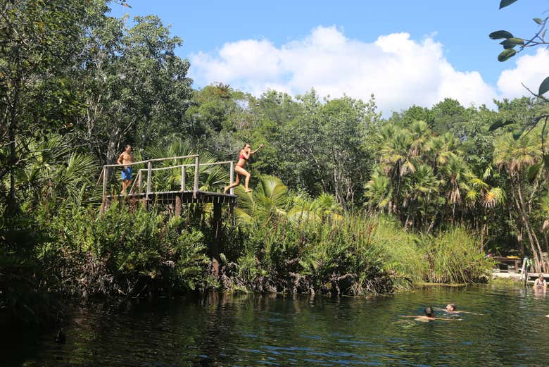 Jumping into the cenote