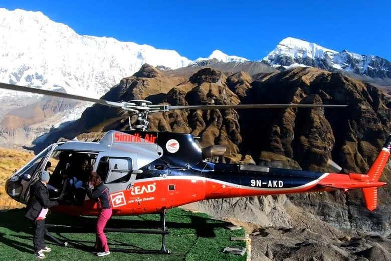 Helicopter landing at base camp