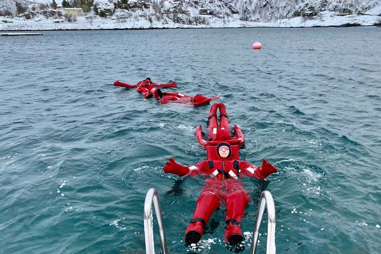 Getting into the ice-cold water