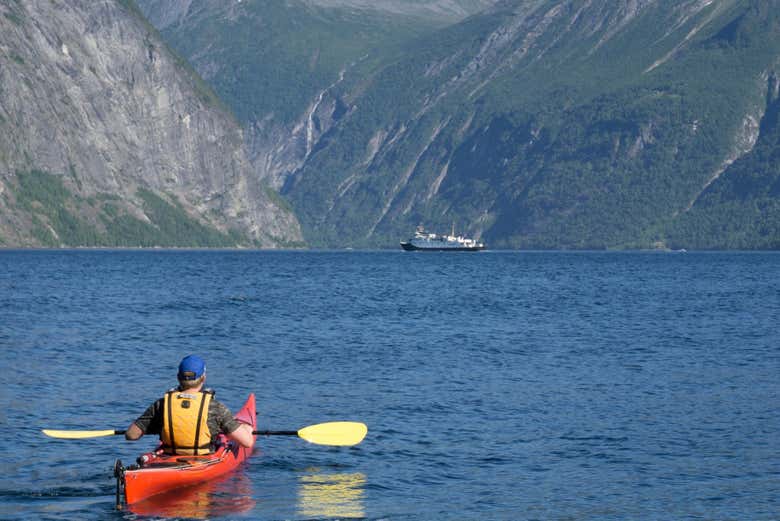 Paddling along the calm waters of Sognefjord