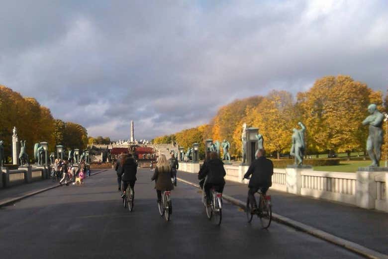 Cycling through a park