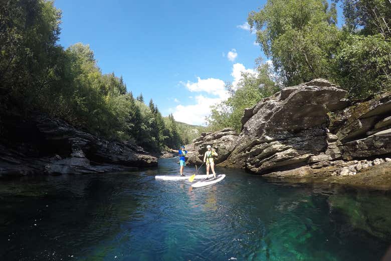 Um casal remando a bordo das pranchas de paddle surf