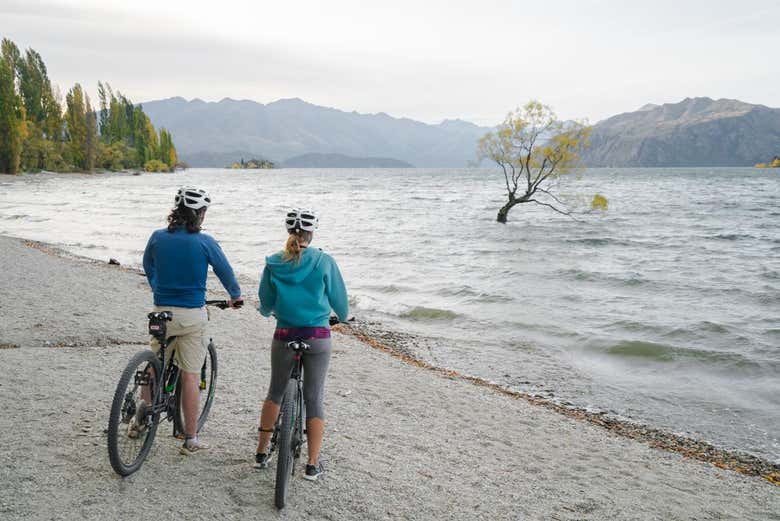 Contemplando el lago Hawea desde las bicicletas