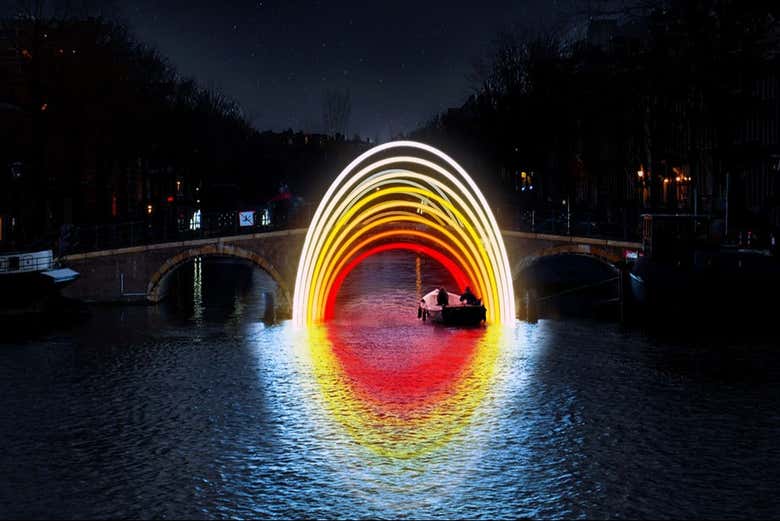 Pass under bridges decorated with lights