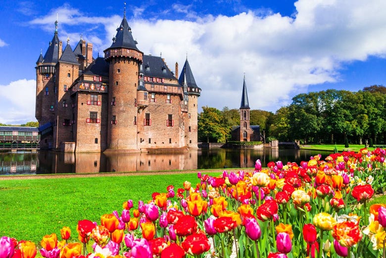 Tulipani in fiore di fronte al castello di Haar