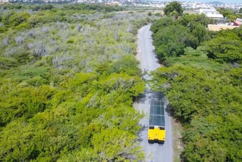 Vista aérea del autobús anfibio por las carreteras de Willemstad