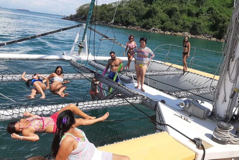 Enjoying the catamaran's solarium