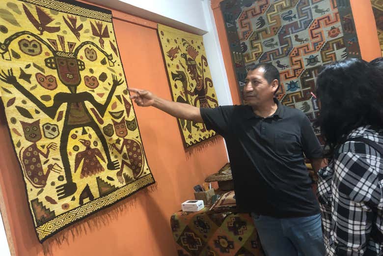 Admiring the handcrafted textiles