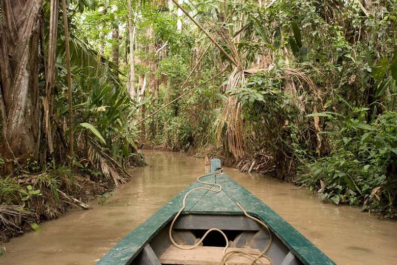 Il panorama del fiume Madre de Dios dalla canoa
