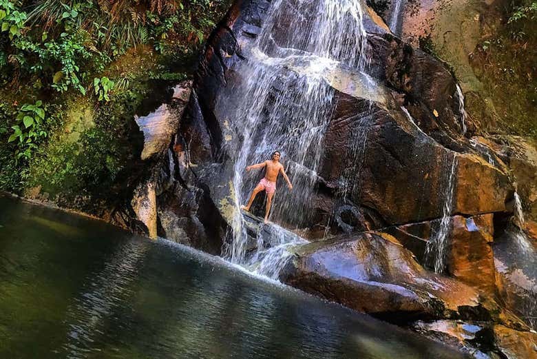 Taking a dip in the waterfall