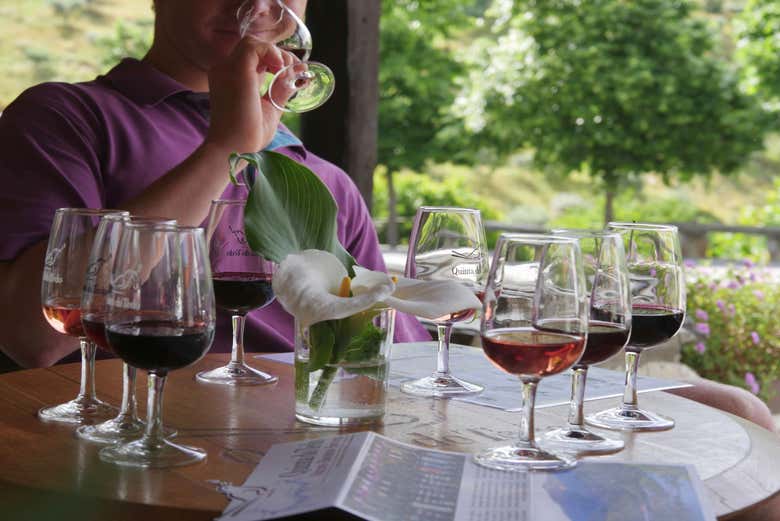 Provando o vinho na Quinta do Tedo