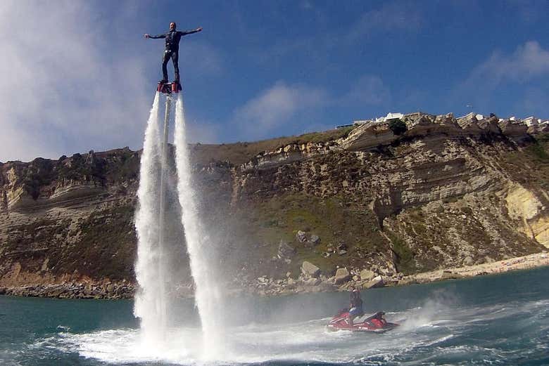 Flyboarding on the beach of Nazare
