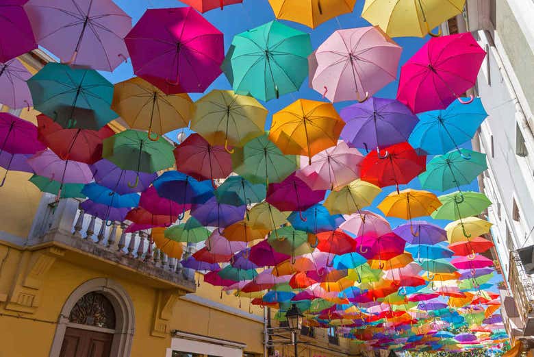 Coloured umbrellas in the street