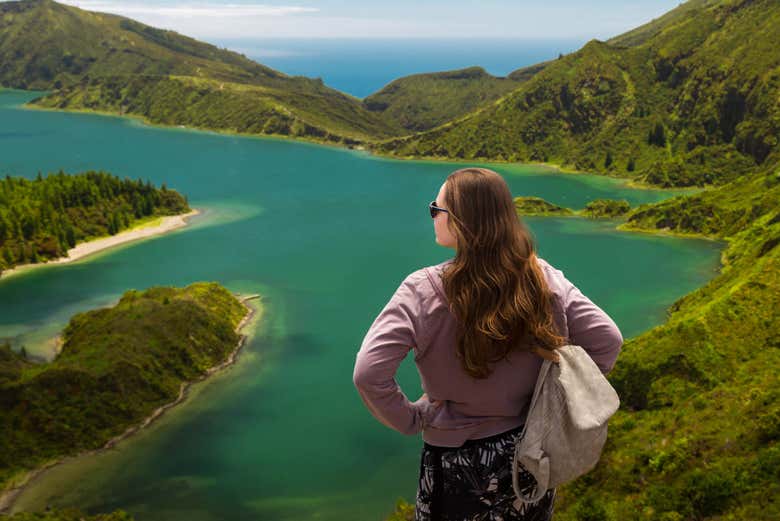 Admiring the view of Lagoa do Fogo