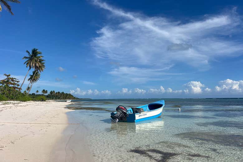 Bote atracado en la orilla de la isla Saona