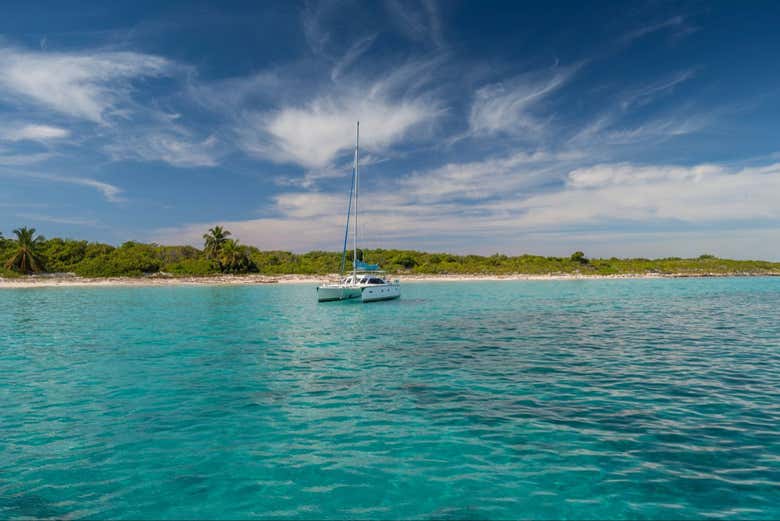 La embarcación cerca de la isla