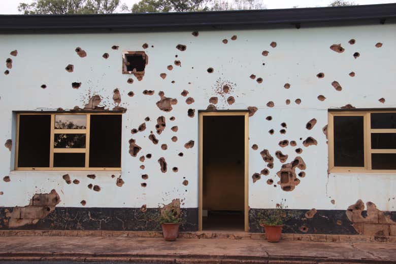 The Belgian Peacekeepers Memorial, damaged during the genocide