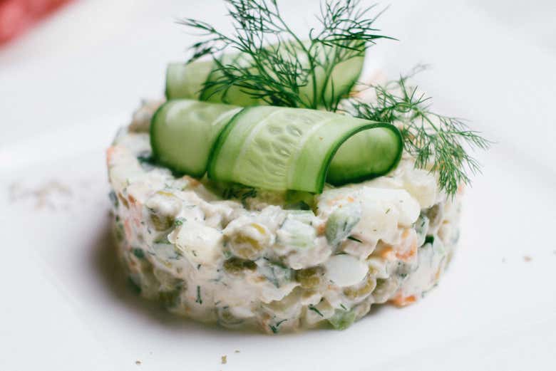 Russian salad, also known as Olivier salad 