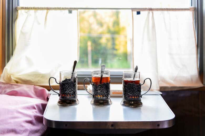 Enjoying some tea on the train