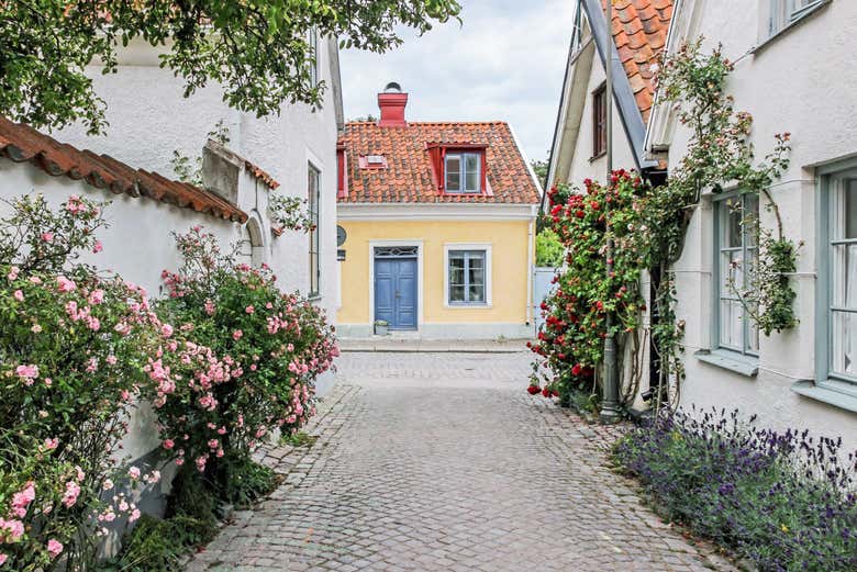 Uma rua de pedra decorada com flores no centro de Visby