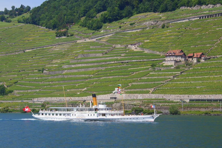 Navegando por el lago Lemán junto a los viñedos de Lavaux